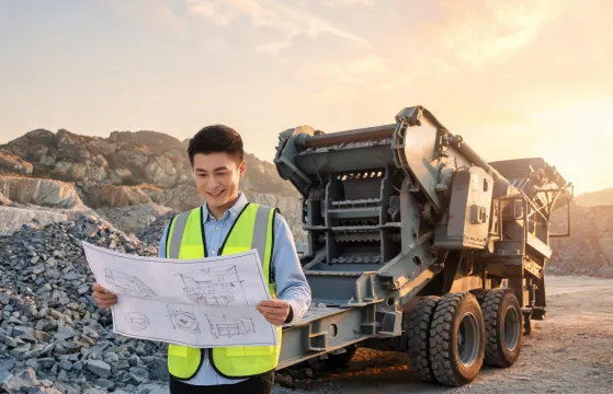Eagle application engineer reviewing crusher drawings on site