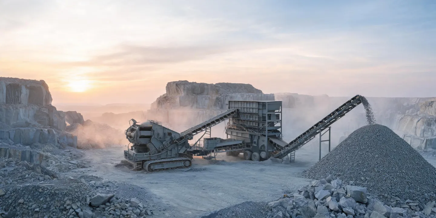 Portable jaw crusher and vibrating screen on limestone quarry
